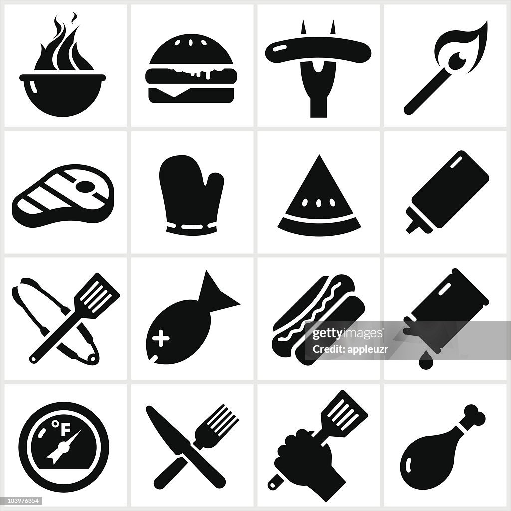Schwarze Grillen und Barbecue-Icons