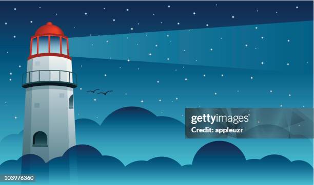 lighthouse over fog - lighthouse stock illustrations