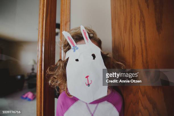 child wearing a home made bunny mask - easter bunny mask stockfoto's en -beelden
