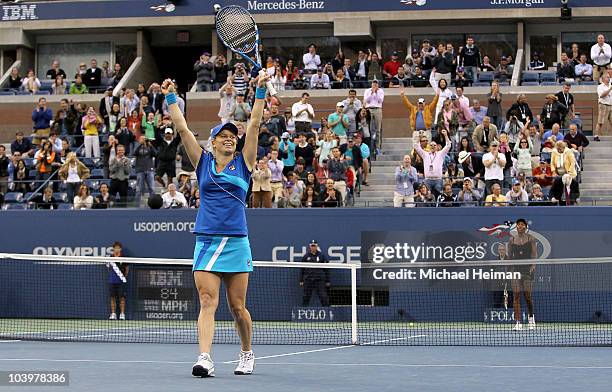 Kim Clijsters of Belgium celebrates match point against Venus Williams of the United States during her women's semifinal match on day twelve of the...