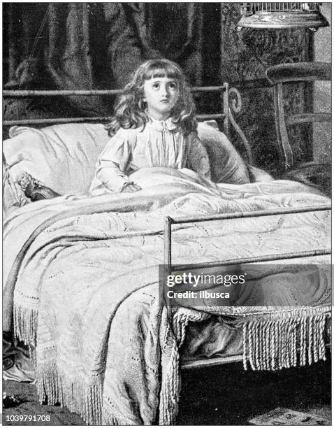 ilustrações de stock, clip art, desenhos animados e ícones de antique painting illustration: awake girl - insónia