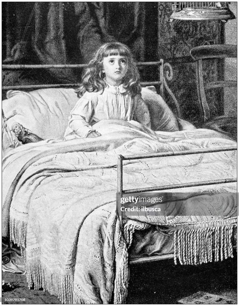 Antique painting illustration: Awake girl
