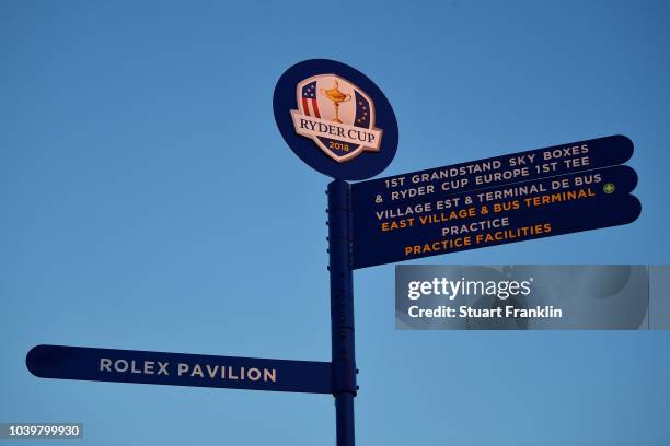 Signpost is seen ahead of the 2018 Ryder Cup at Le Golf National on September 25, 2018 in Paris, France.