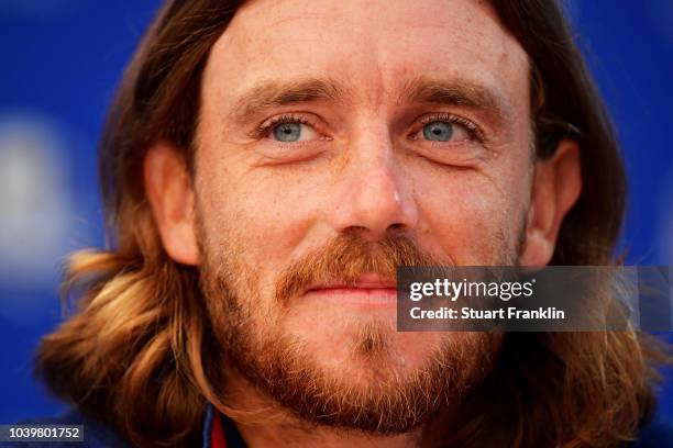 Tommy Fleetwood of Europe attends a press conference ahead of the 2018 Ryder Cup at Le Golf National on September 25, 2018 in Paris, France.