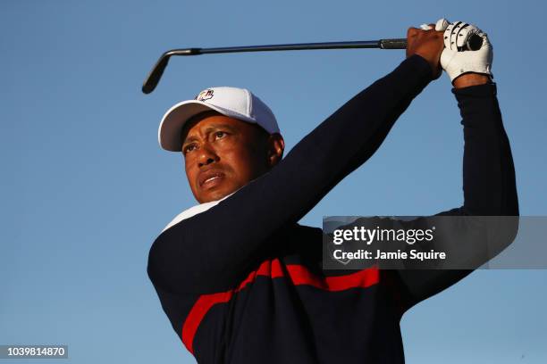 Tiger Woods of the United States practices on the range ahead of the 2018 Ryder Cup at Le Golf National on September 25, 2018 in Paris, France.