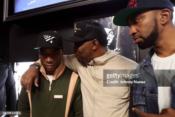 Charlamagne tha God, Emory Jones, and Mysonne attend A Real Conversation With Emory Jones at Jimmy Jazz on September 24, 2018 in New York City.