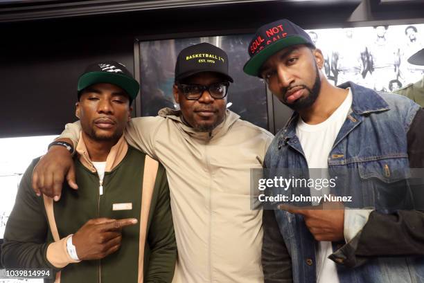 Charlamagne tha God, Emory Jones, and Mysonne attend A Real Conversation With Emory Jones at Jimmy Jazz on September 24, 2018 in New York City.