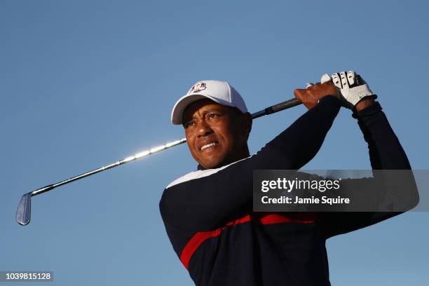 Tiger Woods of the United States practices ahead of the 2018 Ryder Cup at Le Golf National on September 25, 2018 in Paris, France.