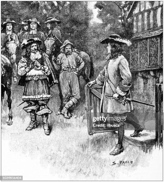 antique painting illustration: musketeer - musketeer stock illustrations