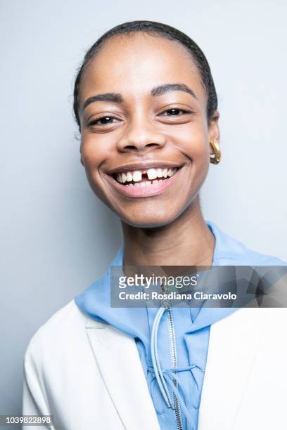 Model Aaliyah Hydes is seen backstage ahead of the Gabriele Colangelo show during Milan Fashion Week Spring/Summer 2019 on September 22, 2018 in...