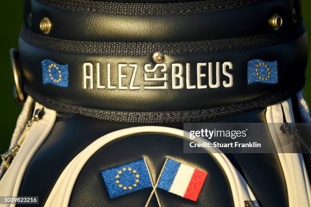 Allez les Bleus' is seen on a Europea golf bag during a photocall ahead of the 2018 Ryder Cup at Le Golf National on September 25, 2018 in Paris,...