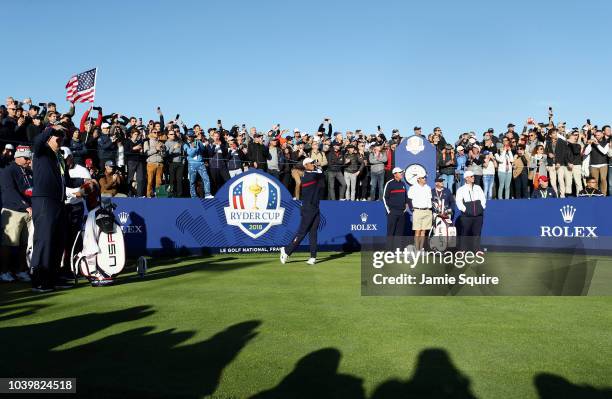 Tiger Woods of the United States tees off on the 2nd hole during practice ahead of the 2018 Ryder Cup at Le Golf National on September 25, 2018 in...