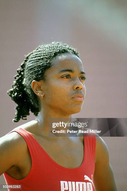 Olympic Trials: Closeup of Evelyn Ashford during event at Los Angeles Memorial Coliseum. Los Angeles, CA 6/16/1984 CREDIT: Peter Read Miller