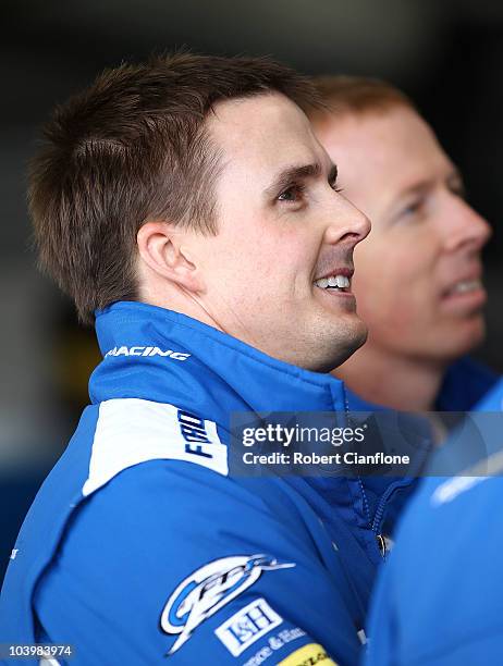 Mark Winterbottom driver of the Orrcon Steel FPR Falcon watches the timing screens duringqualifying for race 17 for round nine of the V8 Supercar...