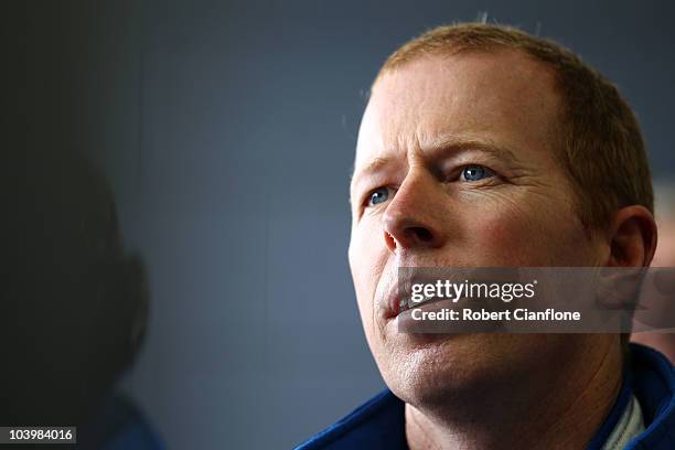 Steven Richards driver of the Dunlop Super Dealer FPR Falcon watches the timimg screens during qualifying for race 17 for round nine of the V8...