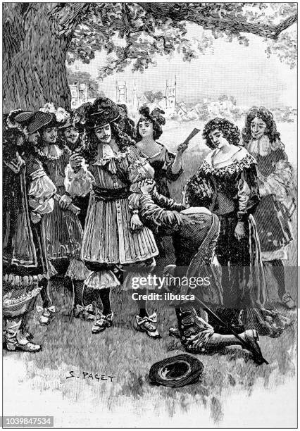 antique painting illustration: musketeer - musketeer stock illustrations