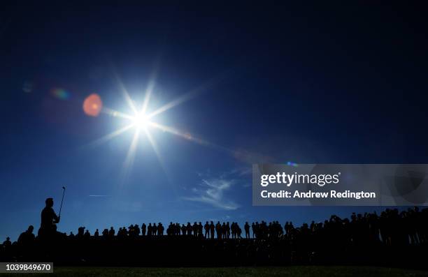 Rory McIlroy of Europe tees off on the 12th hole during practice ahead of the 2018 Ryder Cup at Le Golf National on September 25, 2018 in Paris,...