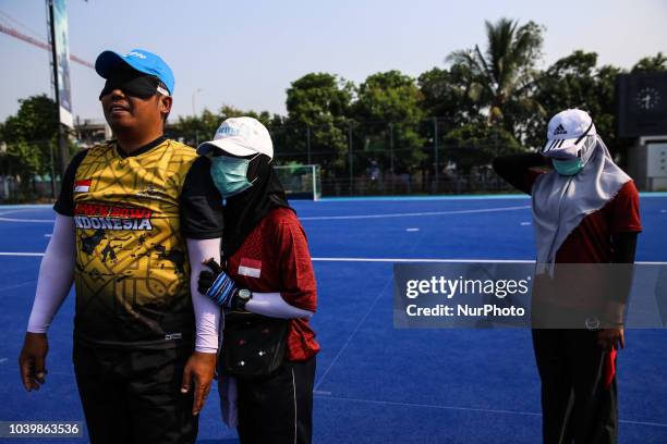 Indonesian player takes part in a lawn bowls practice session, ahead of the 2018 Asian Para Games in Jakarta, Indonesia on Tuesday, September 25,...