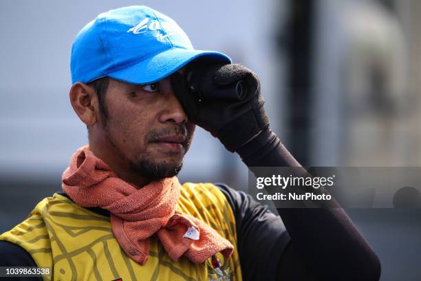 Indonesian player takes part in a lawn bowls practice session, ahead of the 2018 Asian Para Games in Jakarta, Indonesia on Tuesday, September 25,...