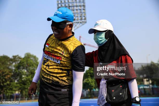 Indonesian player takes part in a lawn bowls practice session, ahead of the 2018 Asian Para Games in Jakarta, Indonesia on Tuesday, September 25,...