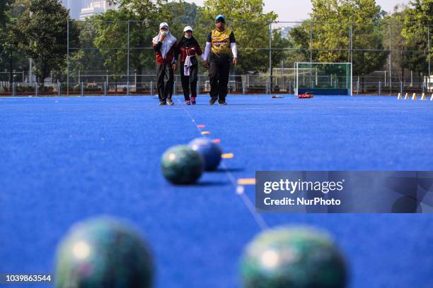 Indonesian player takes part in a lawn bowls practice session, ahead of the 2018 Asian Para Games in Jakarta, Indonesia on Tuesday, September 25,...