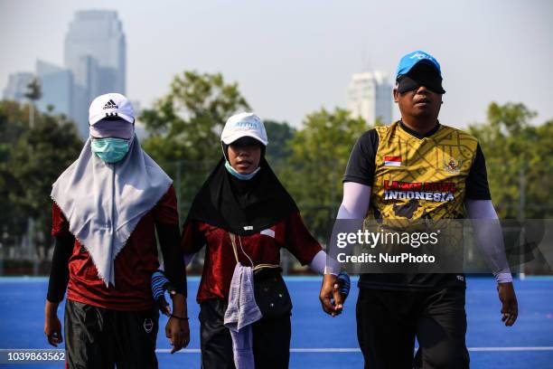 Indonesian player takes part in a lawn bowls practice session, ahead of the 2018 Asian Para Games in Jakarta, Indonesia on Tuesday, September 25,...