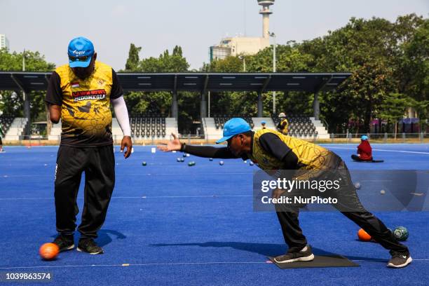 Indonesian player takes part in a lawn bowls practice session, ahead of the 2018 Asian Para Games in Jakarta, Indonesia on Tuesday, September 25,...