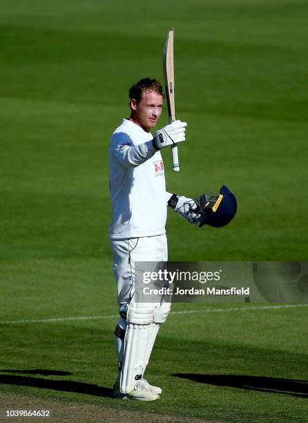 Tom Westley of Essex celebrates his century during day two of the Specsavers County Championship Division One match between Surrey and Essex at The...