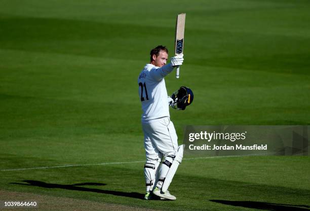 Tom Westley of Essex celebrates his century during day two of the Specsavers County Championship Division One match between Surrey and Essex at The...