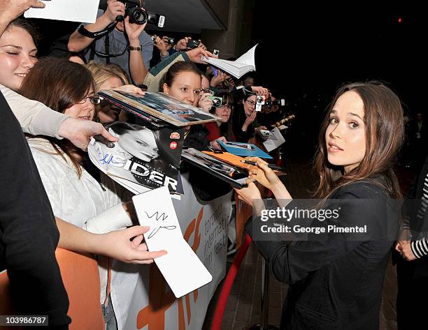 Actress Ellen Page arrives at the "Super" Premiere held at Ryerson Theatre during the 35th Toronto International Film Festival on September 10, 2010...