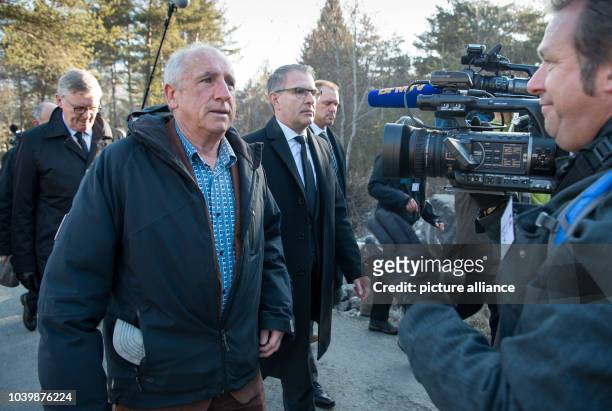 The Mayor of Le Vernet, Francois Balique , the former CEO of Germanwings, Thomas Winkelmann , and the CEO of Lufthansa, Carsten Spohr walking through...
