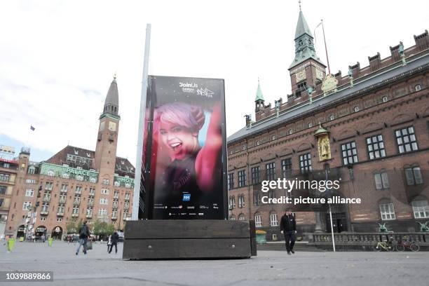 An advertising poster of the Eurovision Contest is placed in a square of Copenhagen during the Eurovision Song Contest 2014 in Copenhagen, Denmark, 7...