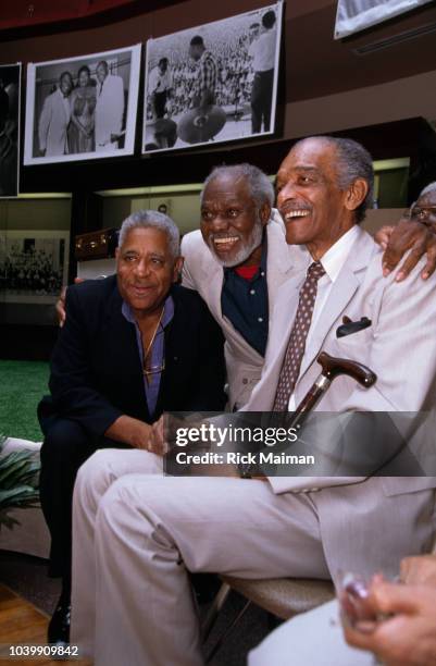 American jazz trumpeter, bandleader, singer and composer John Birks "Dizzy" Gillespie, New York-based jazz saxophonist and vocalist George "Big Nick...