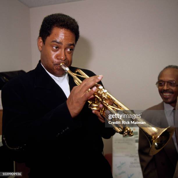 American jazz trumpet player, conductor and composer Jon Faddis plays trumpet at the celebration in honor of jazz trumpeter and singer Louis...