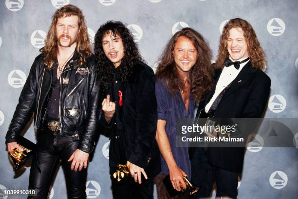 Lead singer and guitarist James Hetfield, drummer Lars Ulrich, guitarist and vocalist Kirk Hammett, and bass guitarist and vocalist Jason Newsted of...