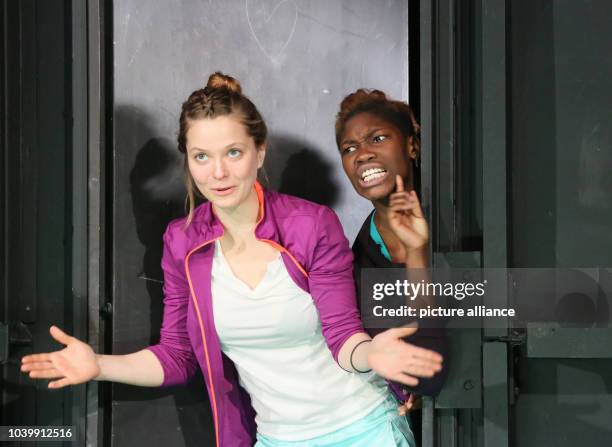 The of actors Hanna Friederike Stange und Ruby Commey rehearse the play «Fluchtpunkt Berlin» at Deutsches Theater in Berlin, Germany, 7 January 2013....