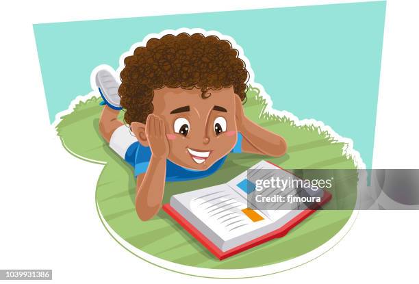 boy reading a book in the park - child reading stock illustrations