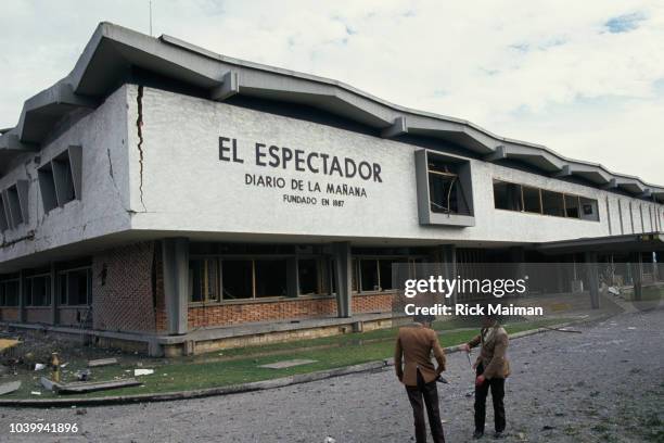 Damages sustained by the offices of the daily newspaper El Espectador following the explosion of a car bomb. The explosion, which took one life, was...