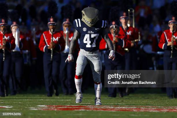 Mississippi Rebels mascot performs during a game against the Alabama Crimson Tide at Vaught-Hemingway Stadium on September 15, 2018 in Oxford,...