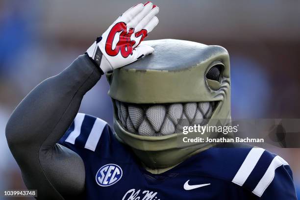 Mississippi Rebels mascot performs during a game against the Alabama Crimson Tide at Vaught-Hemingway Stadium on September 15, 2018 in Oxford,...