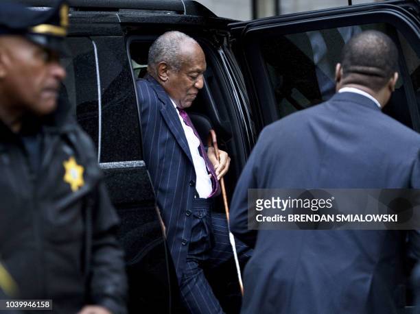 Comedian Bill Cosby arrives for a second day of a sentencing hearing at the Montgomery County Courthouse September 25, 2018 in Norristown,...