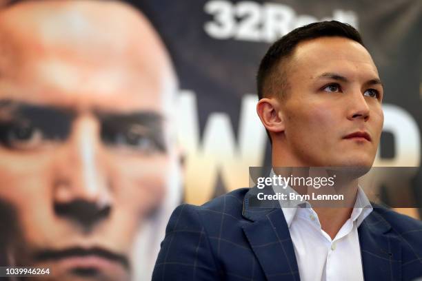 Josh Warrington attends a press conference during the Josh Warrington and Carl Frampton Media Tour on September 25, 2018 in London, England.