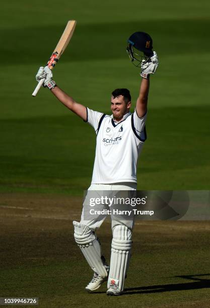 Dominic Sibley of Warwickshire celebrates his century during Day Two of the Specsavers County Championship Division Two match between Warwickshire...