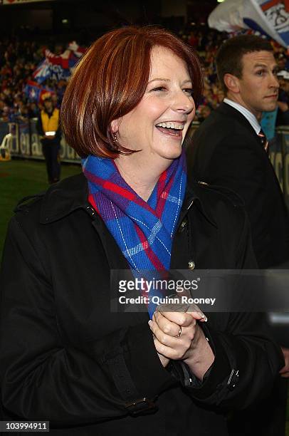 Julia Gillard the prime minister of Australia watches on during the AFL First Semi Final match between the Western Bulldogs and the Sydney Swans at...
