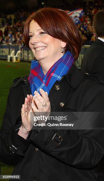 Julia Gillard the prime minister of Australia watches on during the AFL First Semi Final match between the Western Bulldogs and the Sydney Swans at...