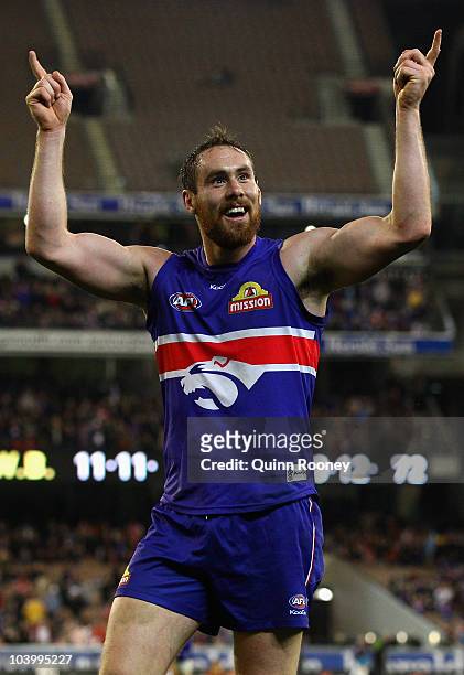 Ben Hudson of the Bulldogs celebrates winning the AFL First Semi Final match between the Western Bulldogs and the Sydney Swans at Melbourne Cricket...