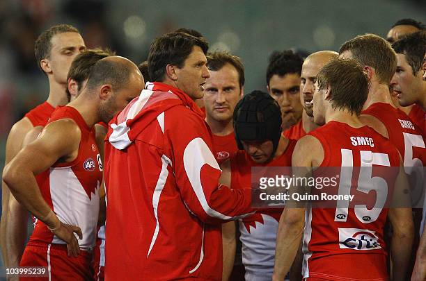Paul Roos the coach of the Swans talks to his players during the AFL First Semi Final match between the Western Bulldogs and the Sydney Swans at...