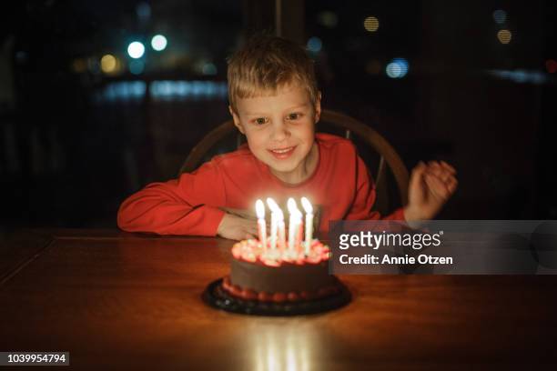 Little boy smiles at his birthday cake