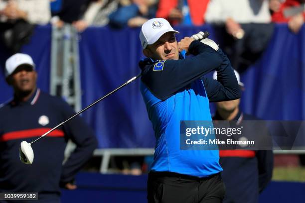 Alessandro Del Piero of Team Europe tees off on the 1st hole during the celebrity challenge match ahead of the 2018 Ryder Cup at Le Golf National on...