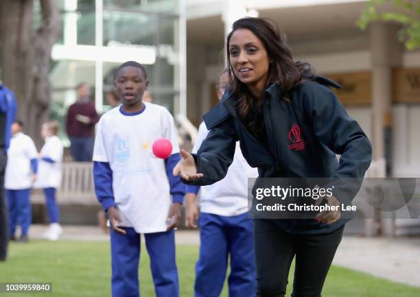 Ex England Cricketer Isha Guha takes part in the lesson during the Cricket World Cup Schools Programme at Lord's Cricket Ground on September 25, 2018...